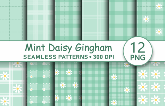 Mint Green Daisy Gingham Seamless PNG